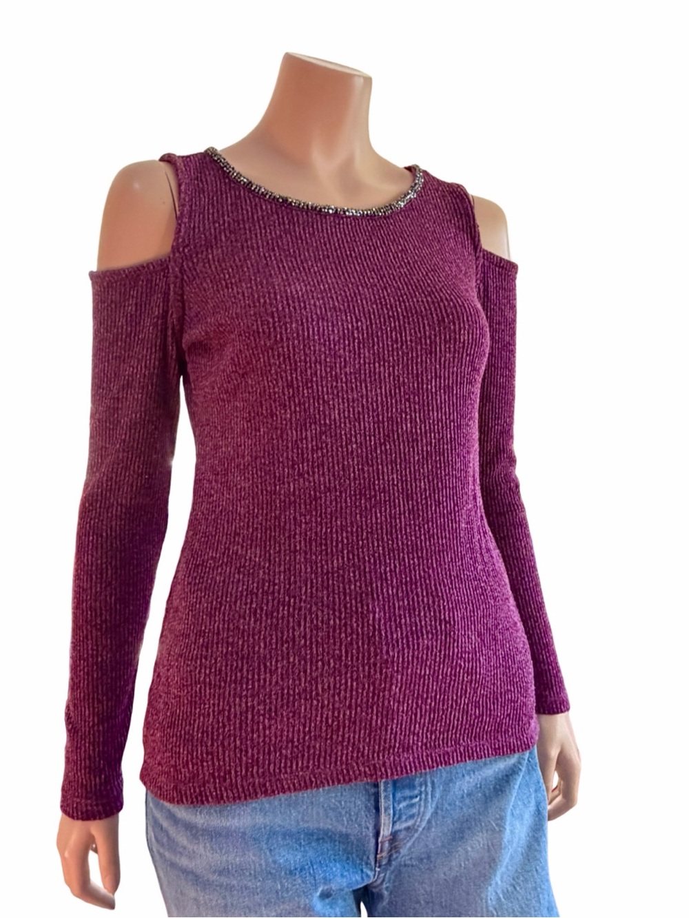 Juicy Couture Cold Shoulder Rhinestone Ribbed Sweater Purple M